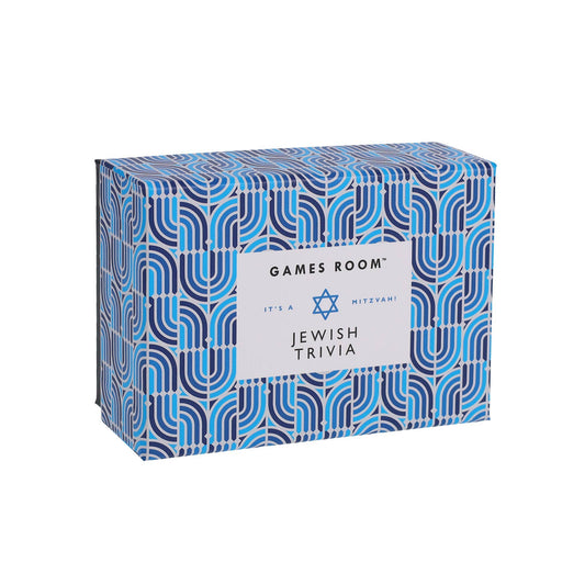 Jewish Trivia game for all ages with blue menorah and Star of David design on packaging.