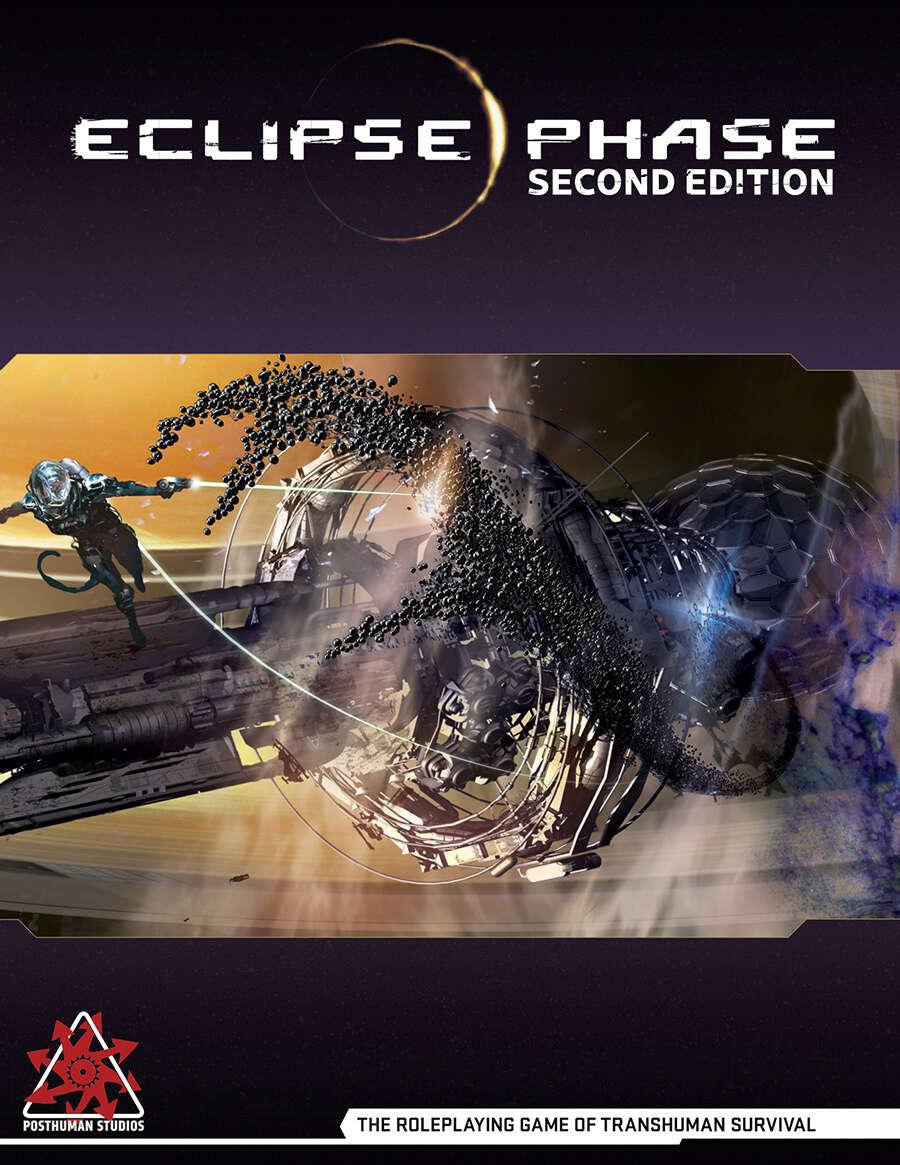 Eclipse Phase Second Edition transhuman horror logo with astronaut near station wreckage and debris.