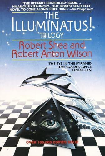 The Illuminatus Trilogy: The Eye in the Pyramid book cover featuring dolphins, a pyramid eye, and checkered floor.