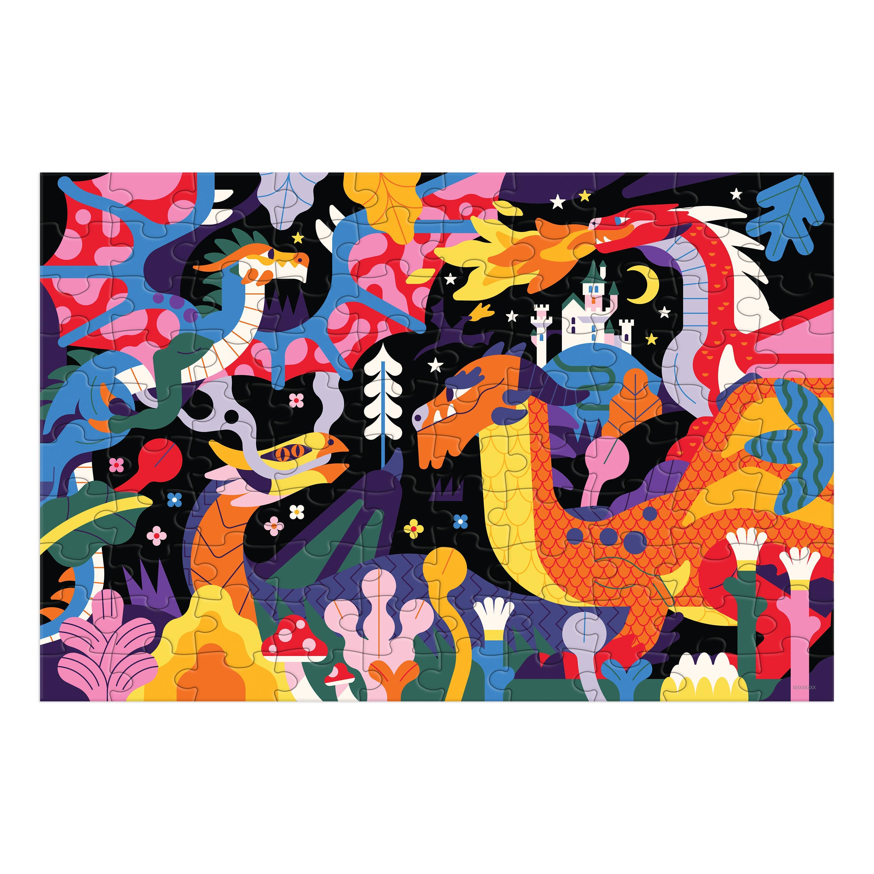Dragons 100 Piece Glow in the Dark Puzzle featuring dragons, a castle, and plants at night.