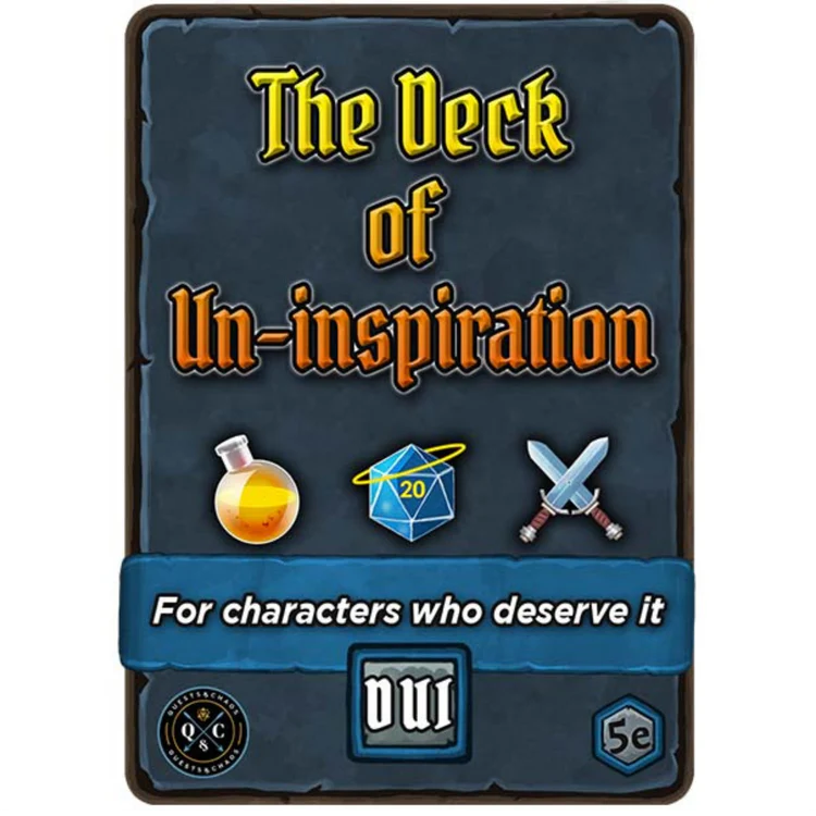 Deck of Un-Inspirations RPG cards featuring potion, die, and sword icons; designed for Dungeon Masters.