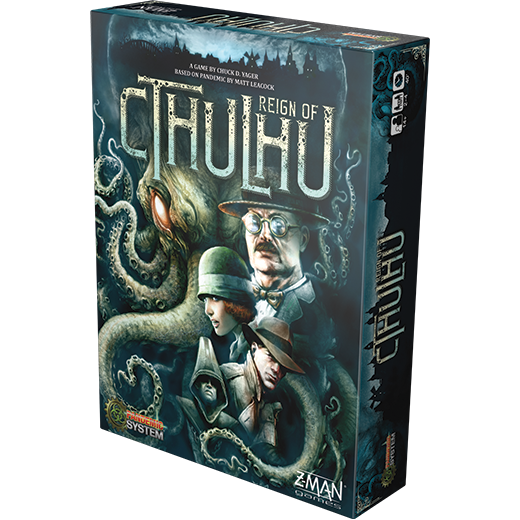 Pandemic: Reign of Cthulhu game box with investigators and a large green tentacled creature on the cover.