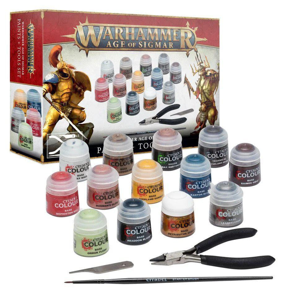Age of Sigmar Paints + Tools starter set including paints, brush, and clippers.