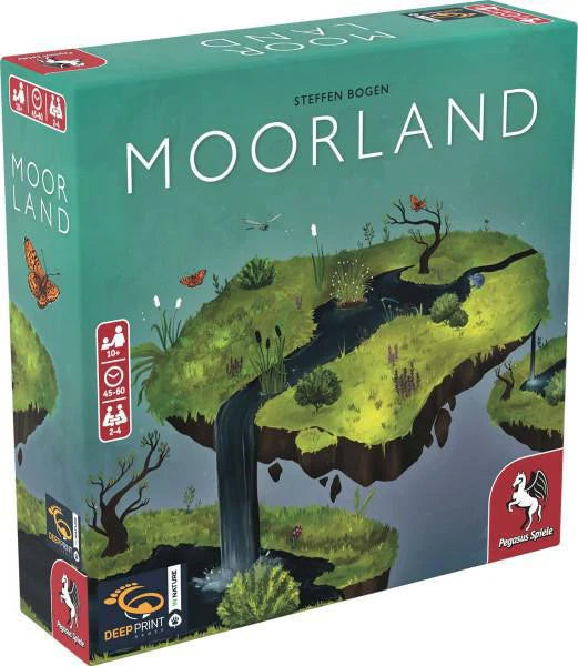 Moorland board game box featuring floating grassy islands, water, birds, and insects.