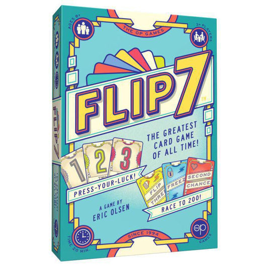 Flip 7 game box with cards; strategy game where players race to reach 200 points.