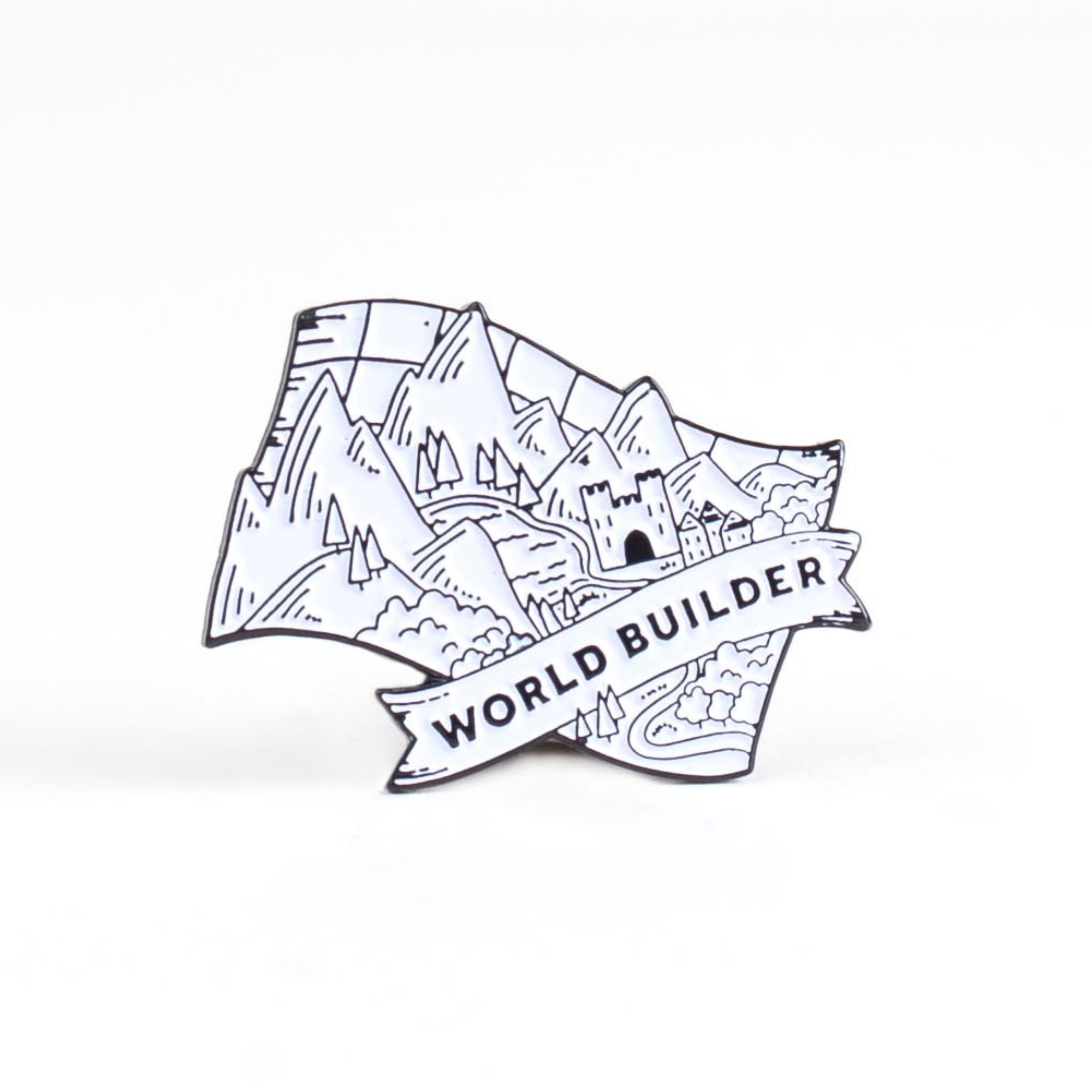 World Builder Black & White Enamel Pin with a map, mountains, castle, and WORLD BUILDER banner.