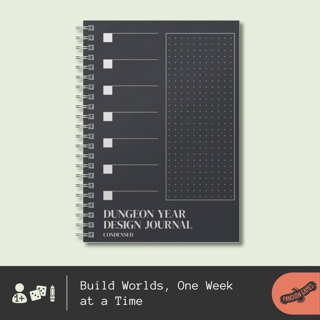 Black spiral-bound Dungeon Year Design Journal with a grid and checklist design on the cover.