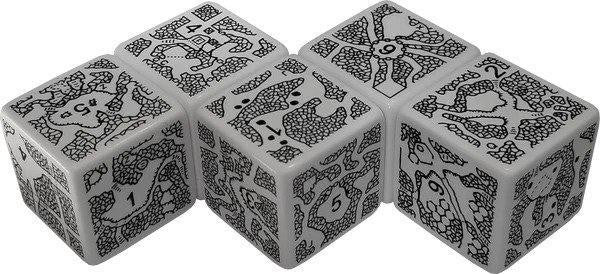 Four DungeonMorph Dice Spellunker Set featuring numbered sides and black dragon designs.