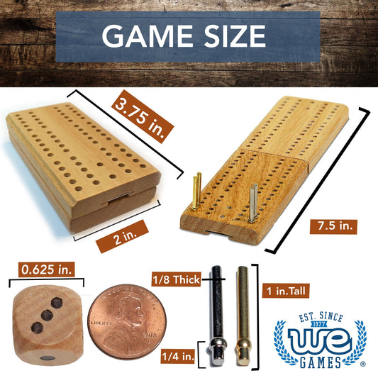 WE Games Cribbage and More Travel Game Pack with die, penny, pegs, and logo in lower right corner.