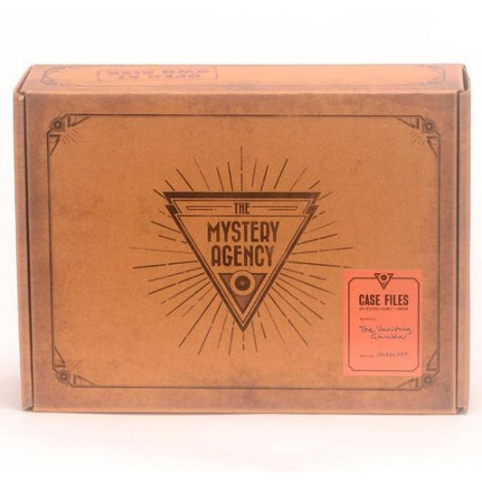 Mystery Agency: The Balthazar Stone brown box with triangle logo and red Case Files sticker for at-home puzzles.