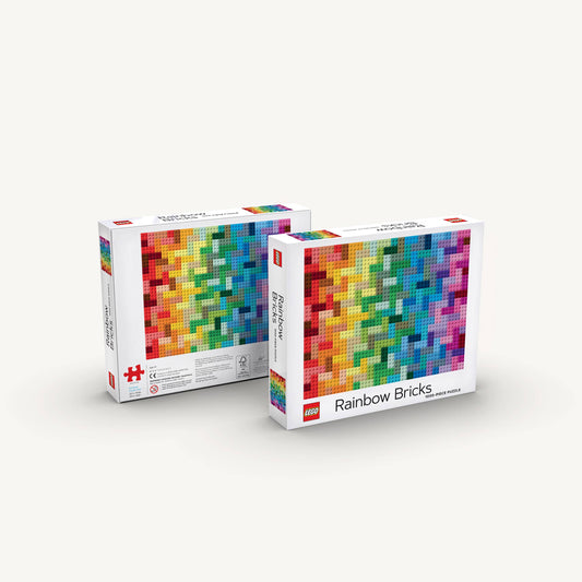 Two LEGO Rainbow Bricks Puzzle boxes with a colorful brick pattern.