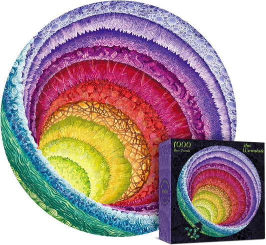 Hue Wormhole 1000 Piece Puzzle with abstract spiral design; includes colorful box art.