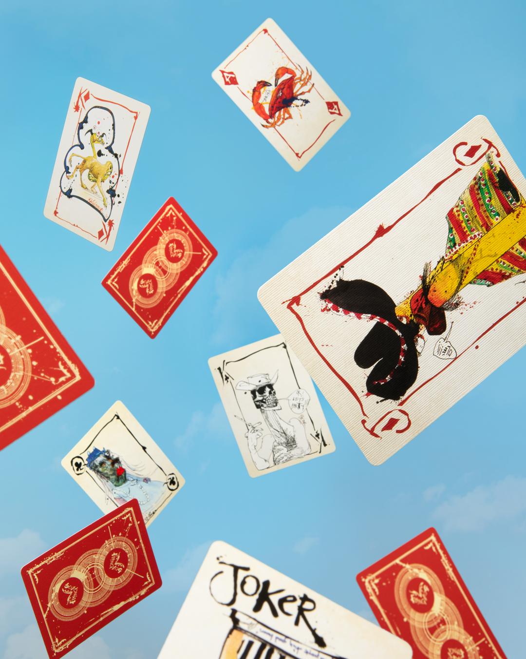 Flying Dog Edition 1 playing cards with Ralph Steadman art on a light blue background.