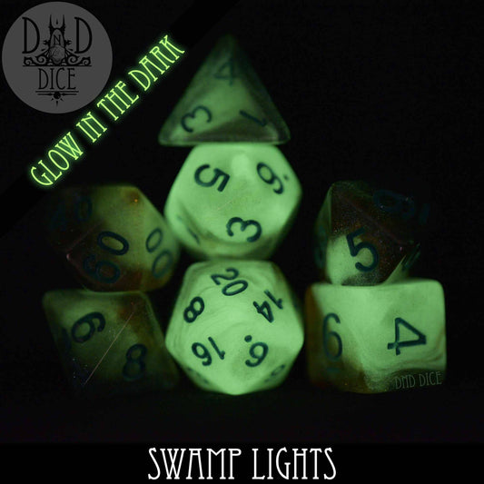 Swamp Lights Glow in the Dark resin dice set with black numbers, six pieces.
