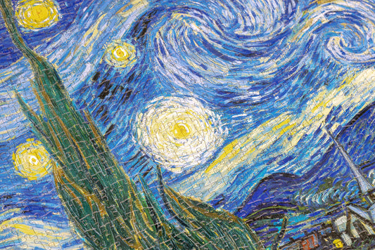 Vincent van Gogh Starry Night puzzle, 1000 pieces, close-up view of completed artwork.