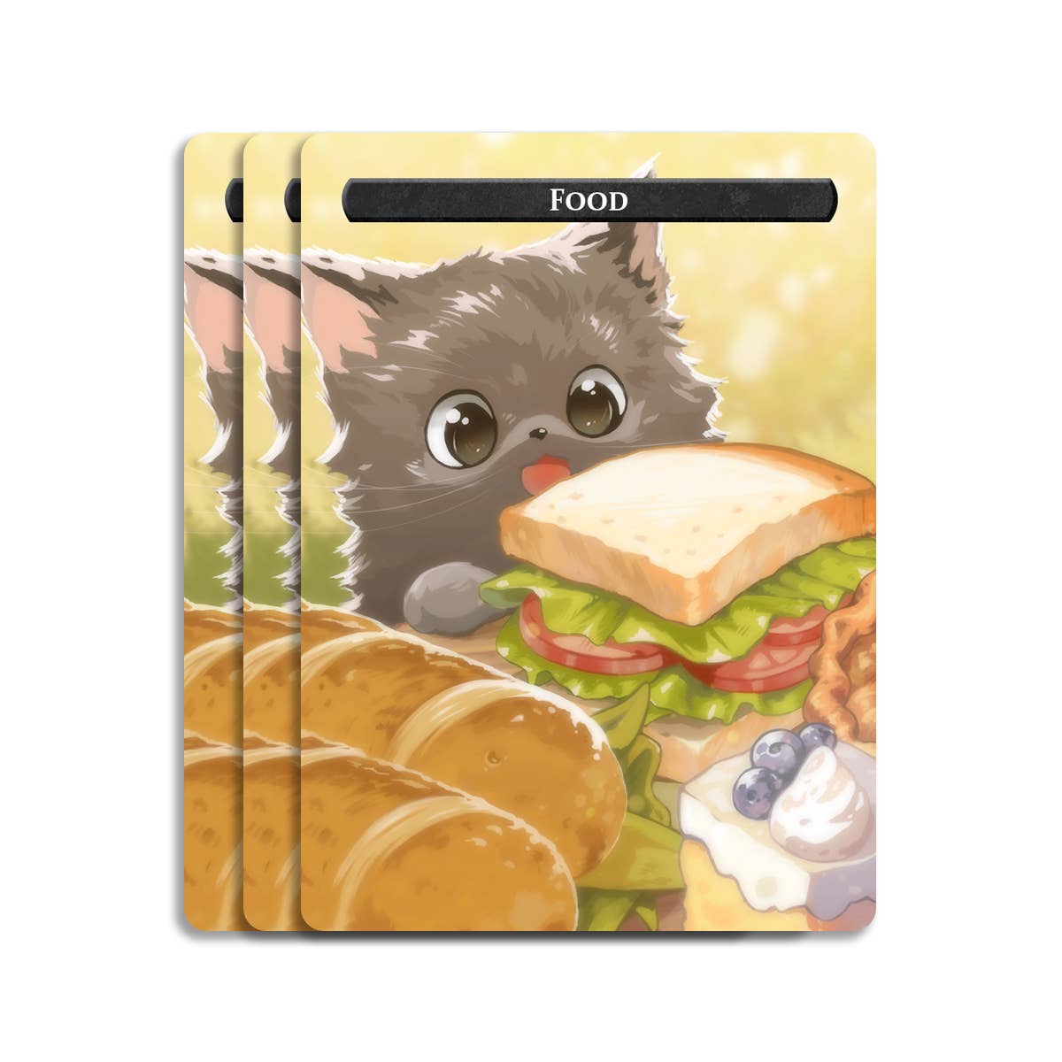 Squirrel & Food Token Set card featuring a gray kitten with bread, sandwich, waffles, and cheese.