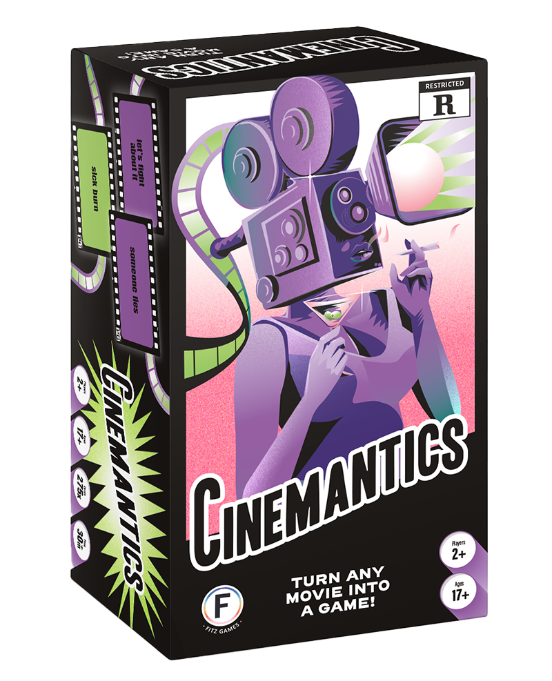 Cinemantics® board game box featuring a figure with a movie camera for a head.