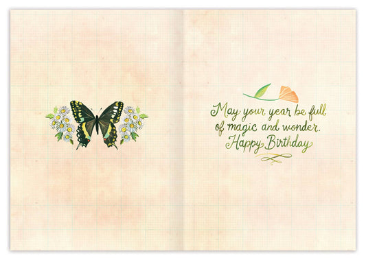 Autumn Flutter Birthday Card with gold foil, butterfly and flowers on left, message and leaves on right.