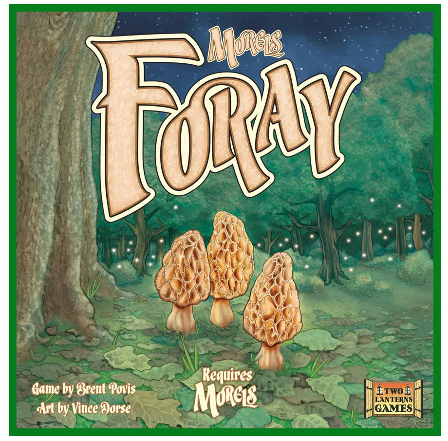 Morels Foray Expansion box cover featuring morel mushrooms, text, and lanterns in a forest setting.