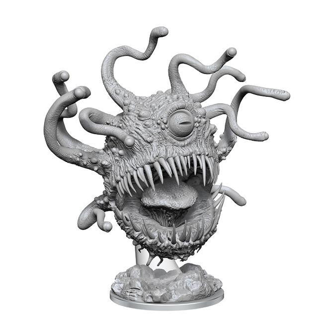 D&D NMU Beholder Variant W18 miniature, unpainted, with one eye, tentacles, and sharp teeth.