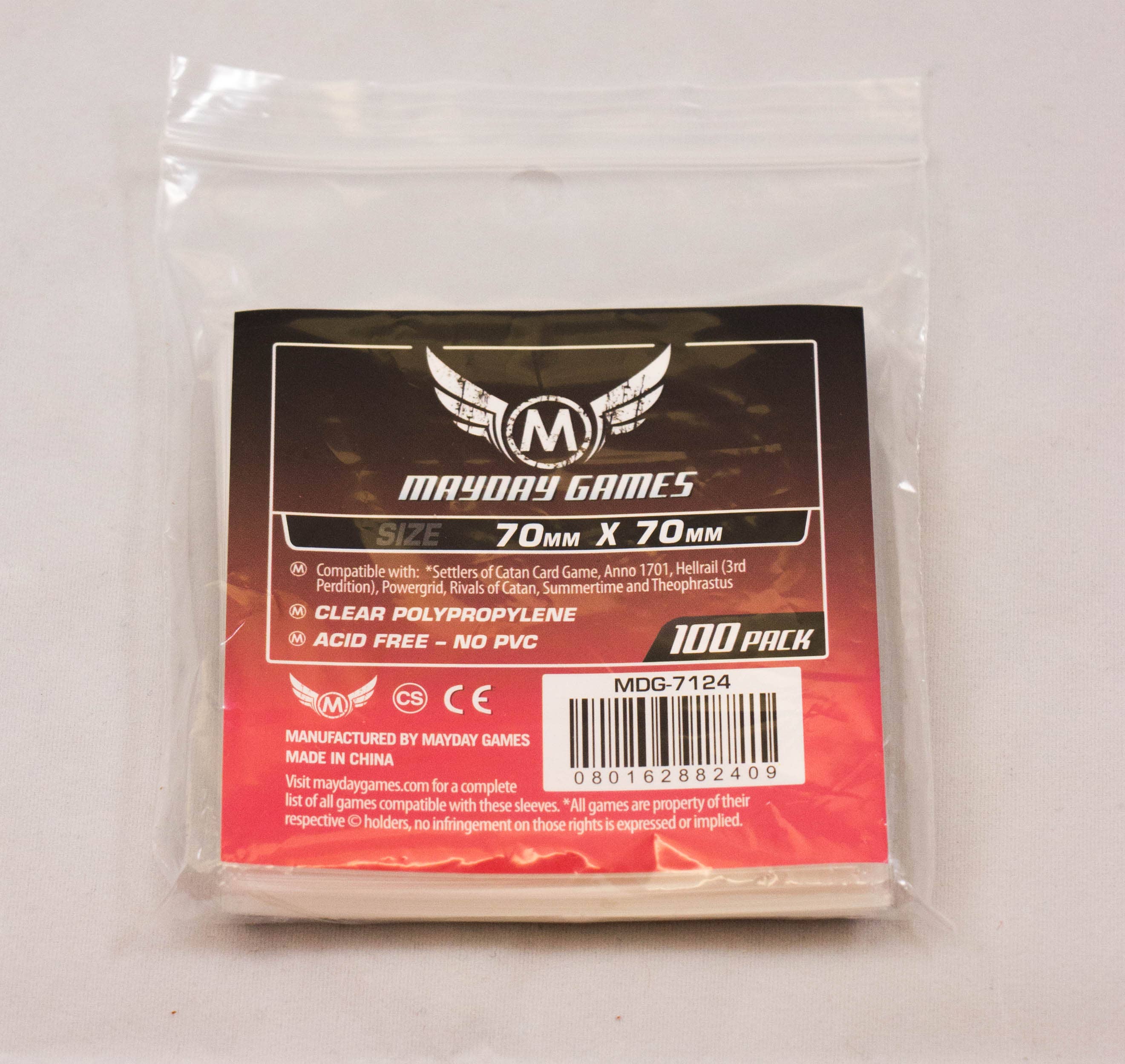 Pack of 100 small square card sleeves, 70x70mm, in a clear bag with label.