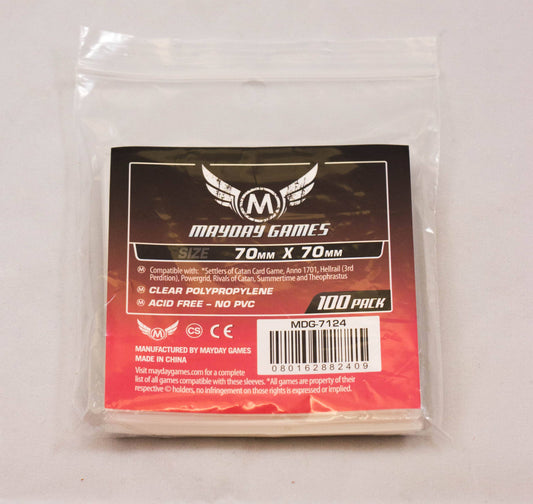 Pack of 100 small square card sleeves, 70x70mm, in a clear bag with label.