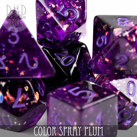 Color Spray Plum sparkly purple resin 7-dice set with gold and purple flakes.