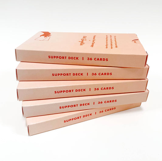 Five peach Support Deck - Mental Health Card Deck boxes, each labeled with 36 cards for wellness or anxiety relief.