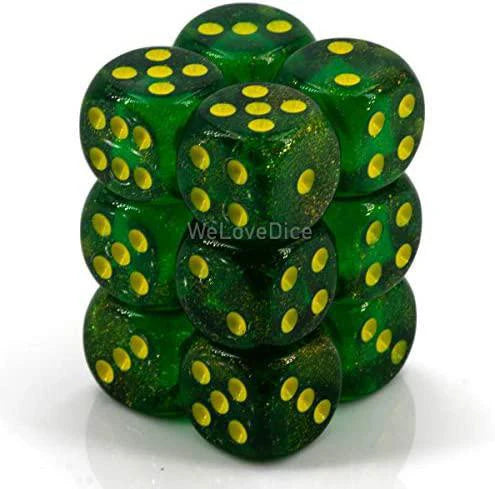Set of 12 Borealis Maple Green/Yellow Luminary 16mm d6 dice, translucent green with yellow pips.
