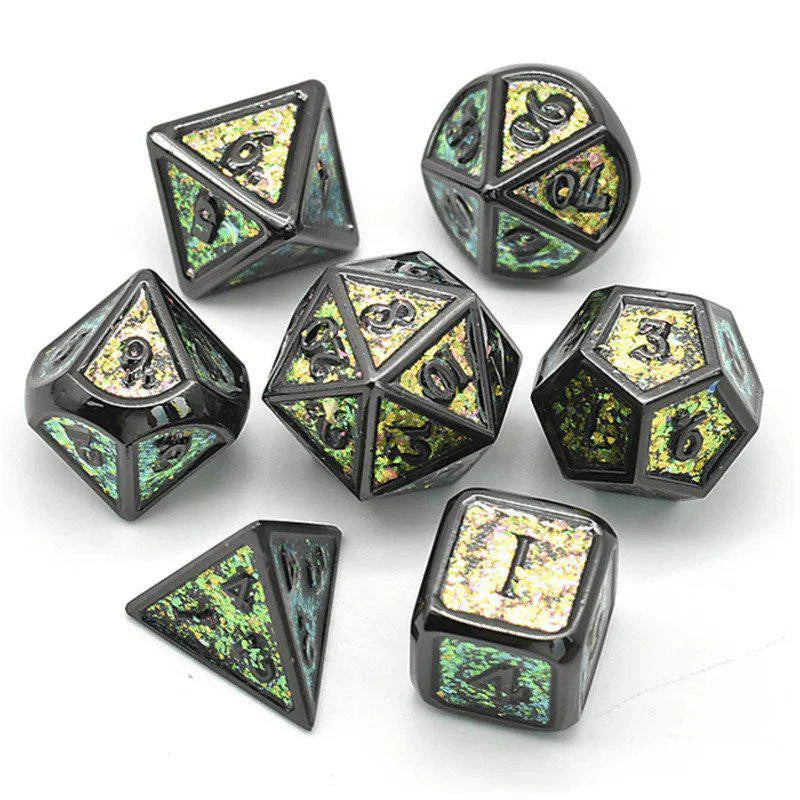 The Color Shifting: Fields of Green Metal RPG Dice Set with 7 black dice and green and gold color-changing inlays.