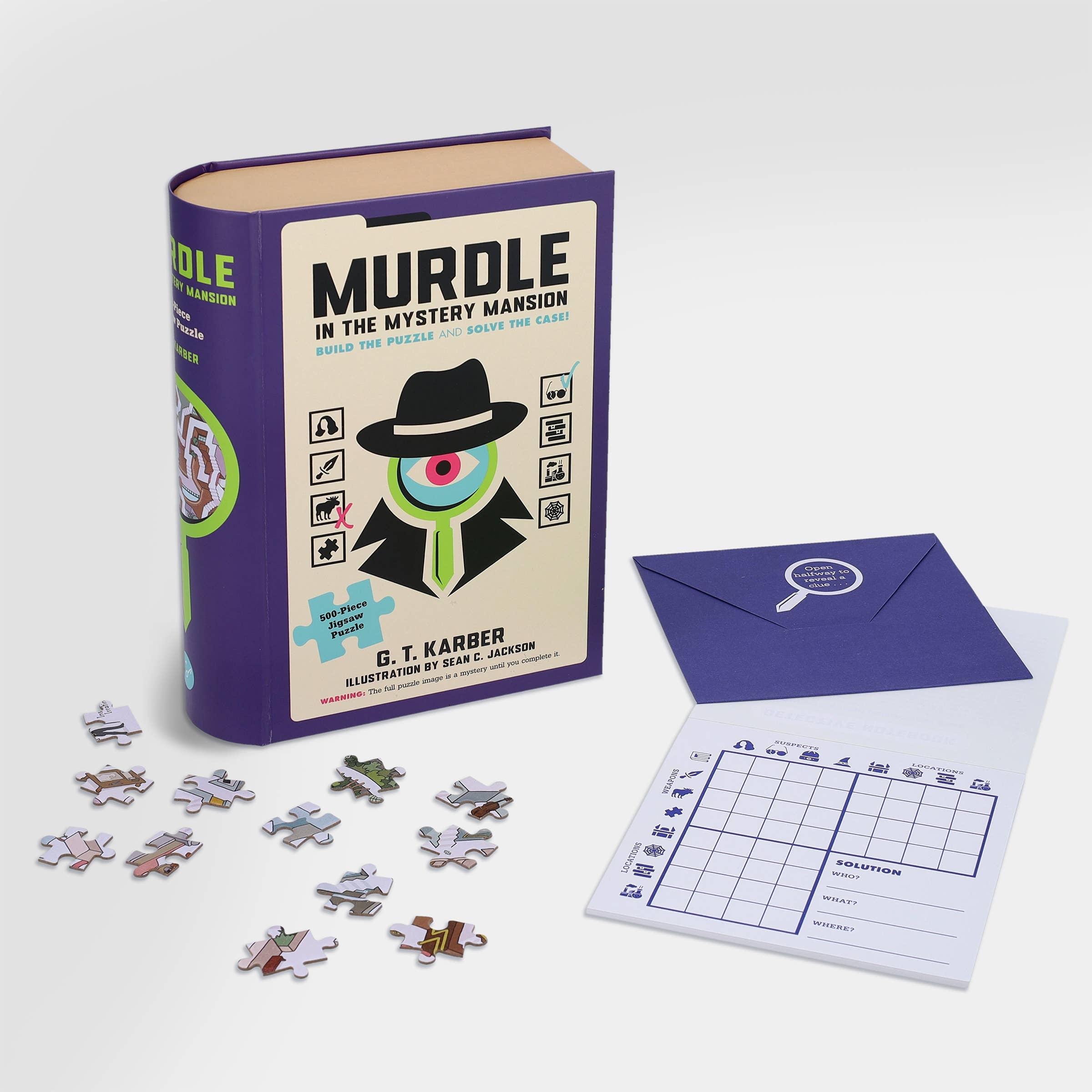 Murdle in the Mystery Mansion 500-piece puzzle with notepad, solution grid, and magnifying glass envelope.