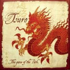 Tsuro: The Game of the Path board game with red dragon art and title text on a parchment-style background.