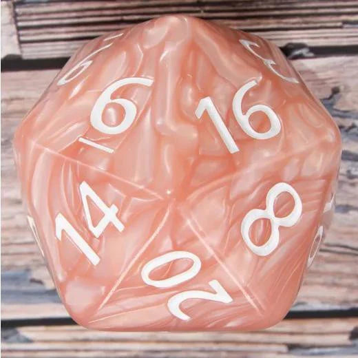 55mm Titan D20 Beige Pearl die with peach-white swirls, showing sides 6, 8, 14, 16, and 20.