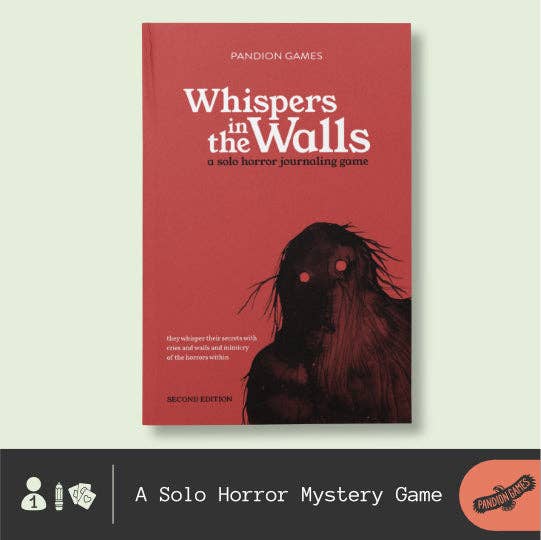 Whispers in the Walls 2e cover for a horror solo journaling RPG; shadowy figure with glowing eyes on red background.