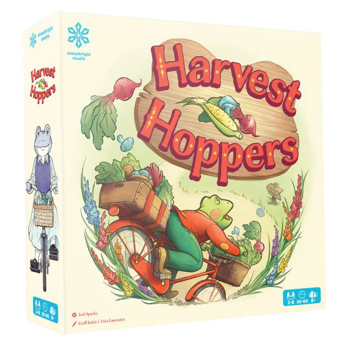 Harvest Hoppers board game with frogs on bikes delivering vegetables.