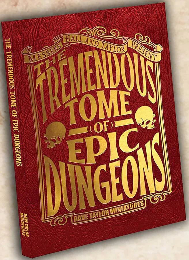 The Tremendous Tome of Epic Dungeons, red book with gold lettering and two skulls.