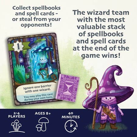 SEEKER OF SPELLS board game card featuring mushroom wizards, a purple hourglass, and wizard art.