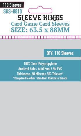 Sleeve Kings SKS-8810 card sleeves, 63.5x88mm, 110 pack, clear polypropylene, acid free, no PVC, 60 microns thick.