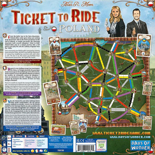 Ticket to Ride Poland Map Collection 6.5 box with included map, cards, rules, and illustrated man and woman on cover.