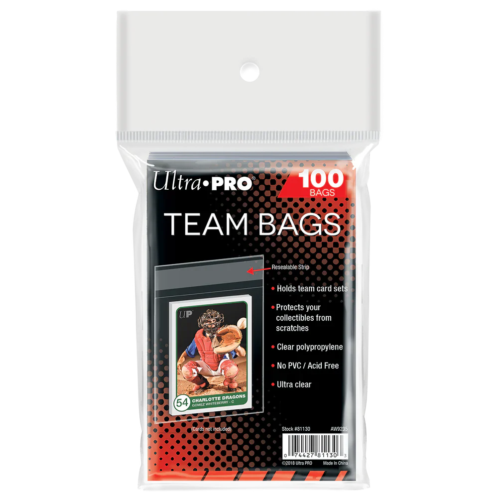 Ultra PRO Team Bag 100ct, containing 100 clear resealable bags for trading card storage.