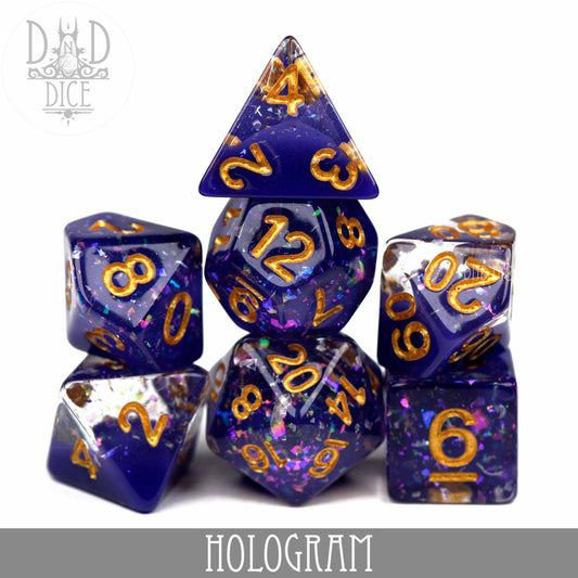 Seven purple sparkly resin polyhedral dice with gold numbers, set named Hologram.