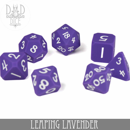 Six Leaping Lavender silicone DND dice with white numbers. LEAPING LAVENDER text displayed.