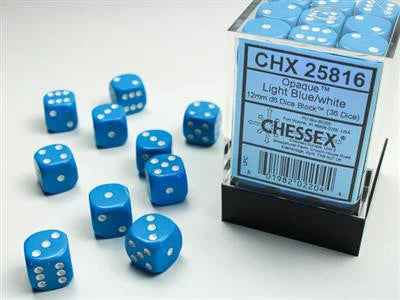 Chessex Opaque 12mm d6 Dice Block of 36 blue dice with white pips, some loose, CHX 25816 label on box.