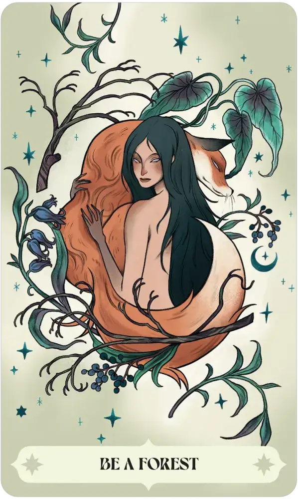 Herbana Witch Oracle deck with cover art of a nude woman hugging a fox. Text: Herbana Witch Oracle, inspired by nature.