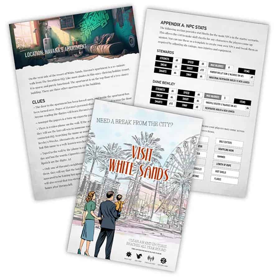 White Sands RPG sheets: cover page, character stats sheet, and Havana’s clean air apartment sheet.