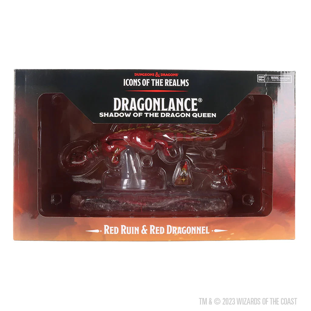 D&D Icons of the Realms Dragonlance Red Ruin and Red Dragonnel Miniature Set in clear packaging.
