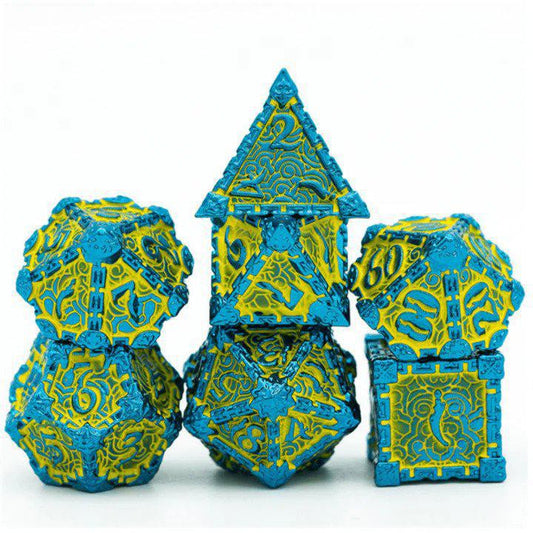 The Dagger of Venom: Yellow RPG Metal Dice Set from Foam Brain Games on a white background.