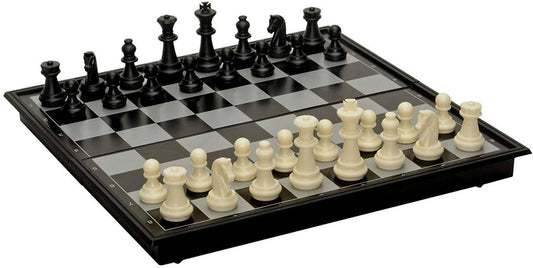 The Magnetic Chess Set - 8 inches with black and white pieces arranged in starting positions.