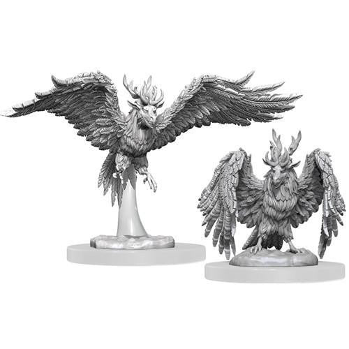 Two unpainted D&D Nolzurs Marvelous Miniatures W20 Peryton figures, one perched and one with wings spread.