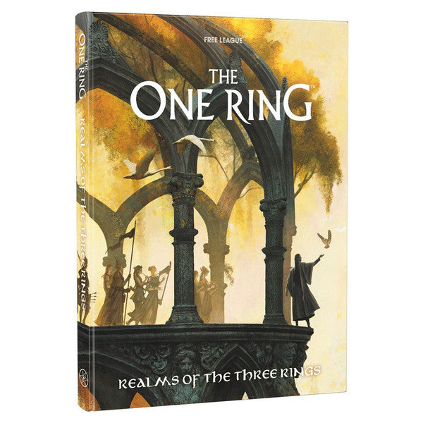 The One Ring: Realms of the Three Rings book cover with arches, birds, and silhouettes in golden light.